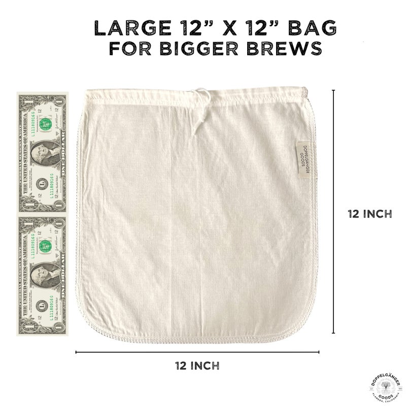 Doppeltree (2-Pack, Large 12in x 12in) Organic Cotton Cold Brew Coffee Bag - Designed in California - Reusable Coffee Filter with EasyOpen Drawstring Cold Brew Maker for Pitchers, Mason Jars, & Toddy Systems - Image 3